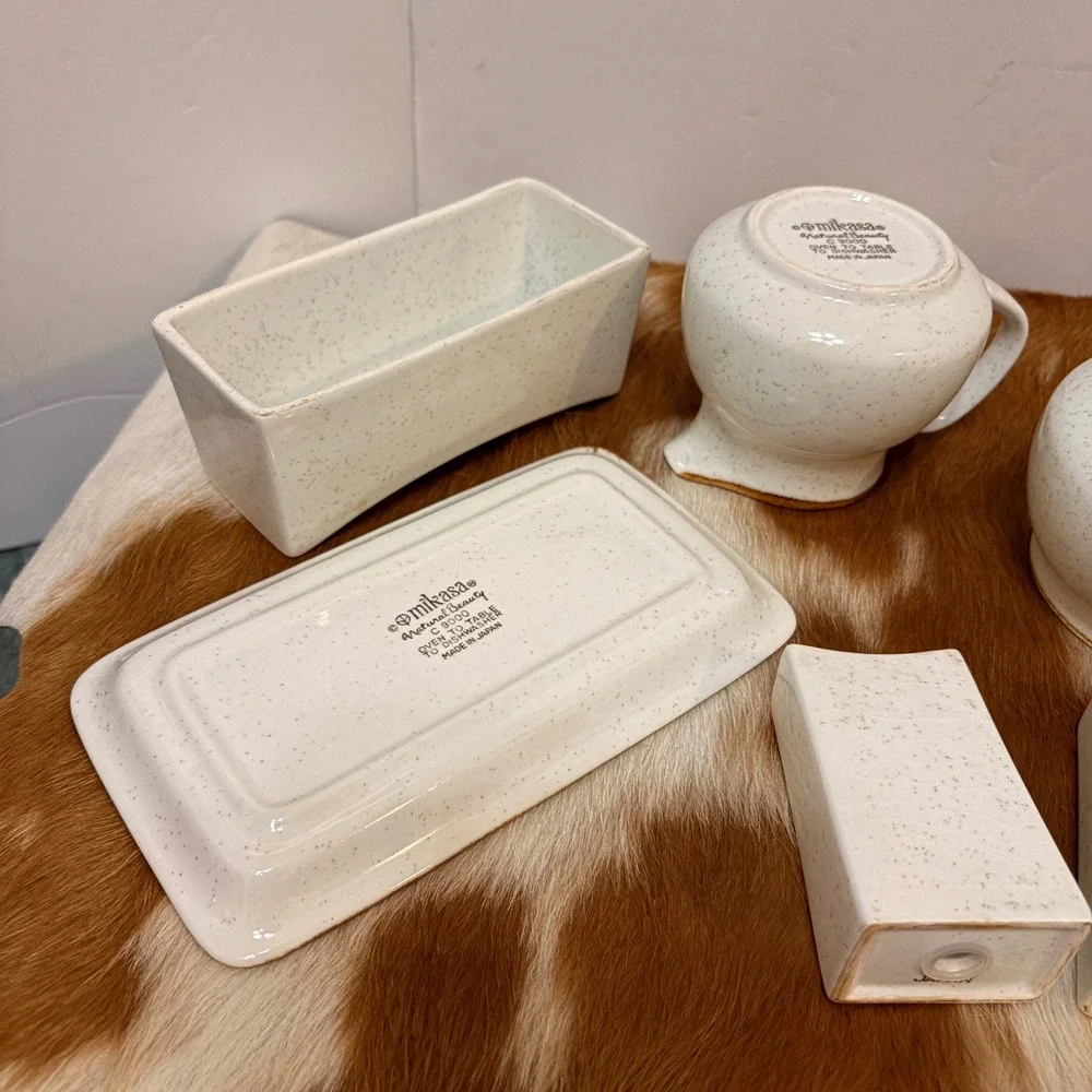 VTG Mikasa Natural Beauty C9000  Stoneware Butter Dish Creamer Sugar Set Japan
